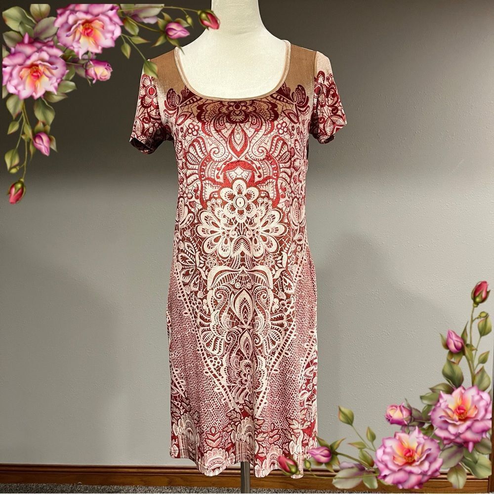 Lucky Brand short sleeve velvet Boho Chic Red and Beige Dress‎ size Smalll